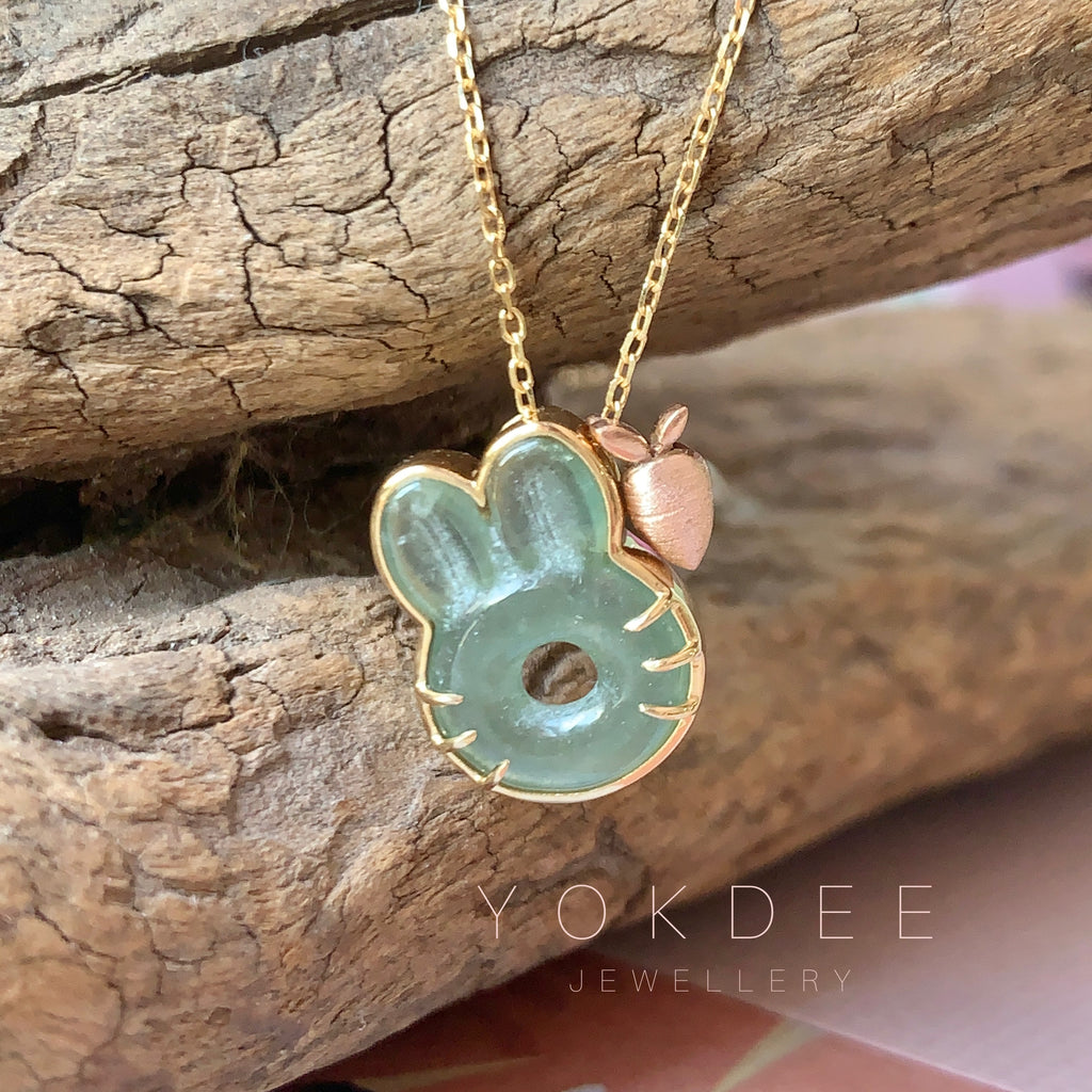 A-Grade Light Bluish Green Jadeite Little Bunny with Carrot Pendant No.171976