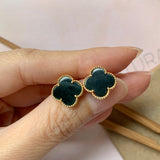A-Grade Natural Omphacite Jadeite Clover Earring Stud No.180448
