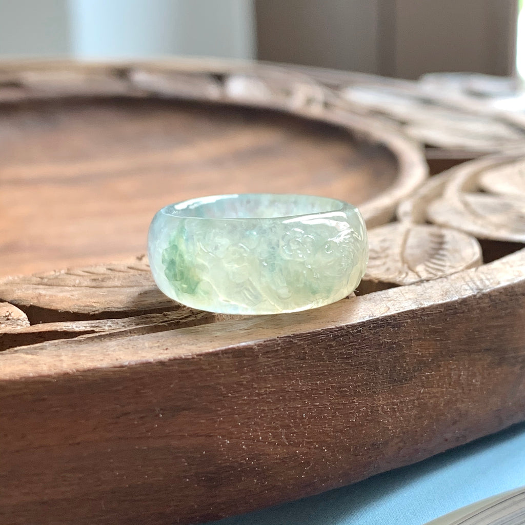 15mm Icy A-Grade Natural Jadeite Joseon Ring Band With Sakura Flowers Carving No.161963