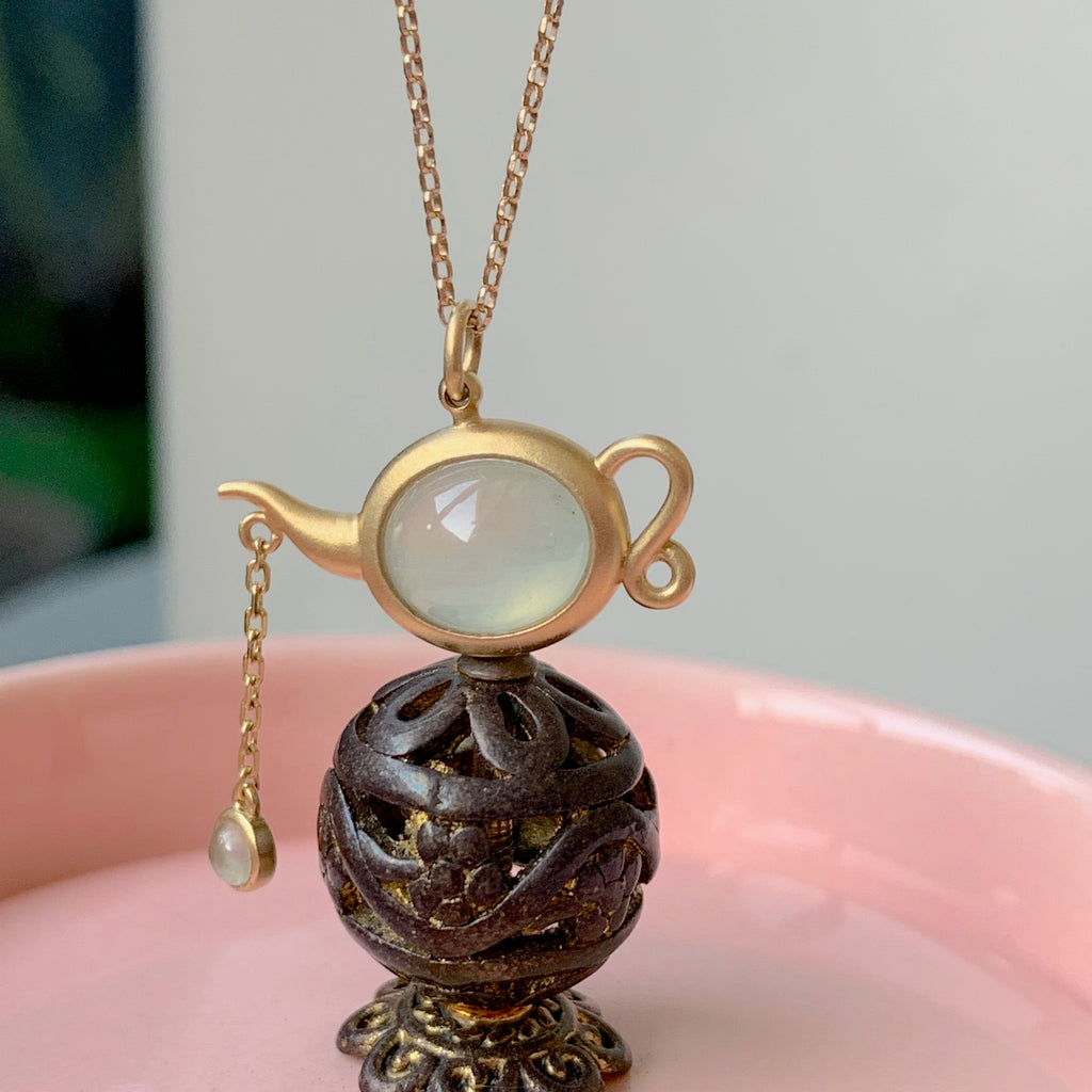 SOLD OUT: Icy A-Grade Natural Jadeite Bespoke Teapot Pendant (18k Champagne Gold) No.170780