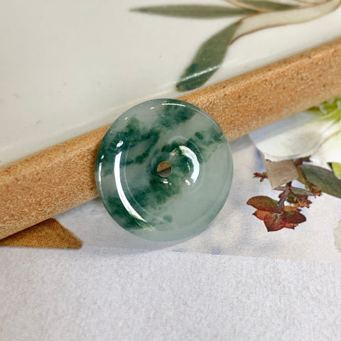 SOLD OUT: A-Grade Natural Floral Bluish Green Jadeite Donut Pendant No.171302