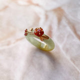 SOLD OUT: 15.1mm A-Grade Natural Yellow Jadeite Joseon Ring (Red Sakura Flower) No.162285