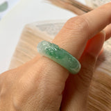 SOLD OUT: 17mm A-Grade Natural Jadeite Joseon Ring Band With Sakura Flowers Carving No.162290