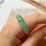 SOLD OUT: 17mm A-Grade Natural Jadeite Joseon Ring Band With Sakura Flowers Carving No.162290