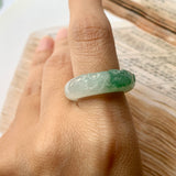 SOLD OUT: 17mm A-Grade Natural Jadeite Joseon Ring Band With Sakura Flowers Carving No.162290