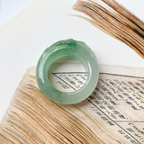 SOLD OUT: 17mm A-Grade Natural Jadeite Joseon Ring Band With Sakura Flowers Carving No.162290