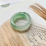 SOLD OUT: 17mm A-Grade Natural Jadeite Joseon Ring Band With Sakura Flowers Carving No.162290