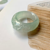 17mm A-Grade Natural Jadeite Joseon Ring Band With Sakura Flowers Carving No.162289