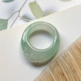 17mm A-Grade Natural Jadeite Joseon Ring Band With Sakura Flowers Carving No.162289