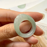 17mm A-Grade Natural Jadeite Joseon Ring Band With Sakura Flowers Carving No.162289