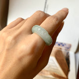 17mm A-Grade Natural Jadeite Joseon Ring Band With Sakura Flowers Carving No.162289