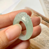 17mm A-Grade Natural Jadeite Joseon Ring Band With Sakura Flowers Carving No.162289