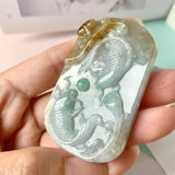 A-Grade Natural Tri-Colour Jadeite Pendant with Carvings (Carp and Lotus Leaf) No.220186