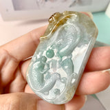 A-Grade Natural Tri-Colour Jadeite Pendant with Carvings (Carp and Lotus Leaf) No.220186