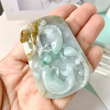 A-Grade Natural Tri-Colour Jadeite Pendant with Carvings (Carp and Lotus Leaf) No.220186