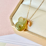 A-Grade Yellowish Green Jadeite Little Bunny with Carrot Pendant No.171974