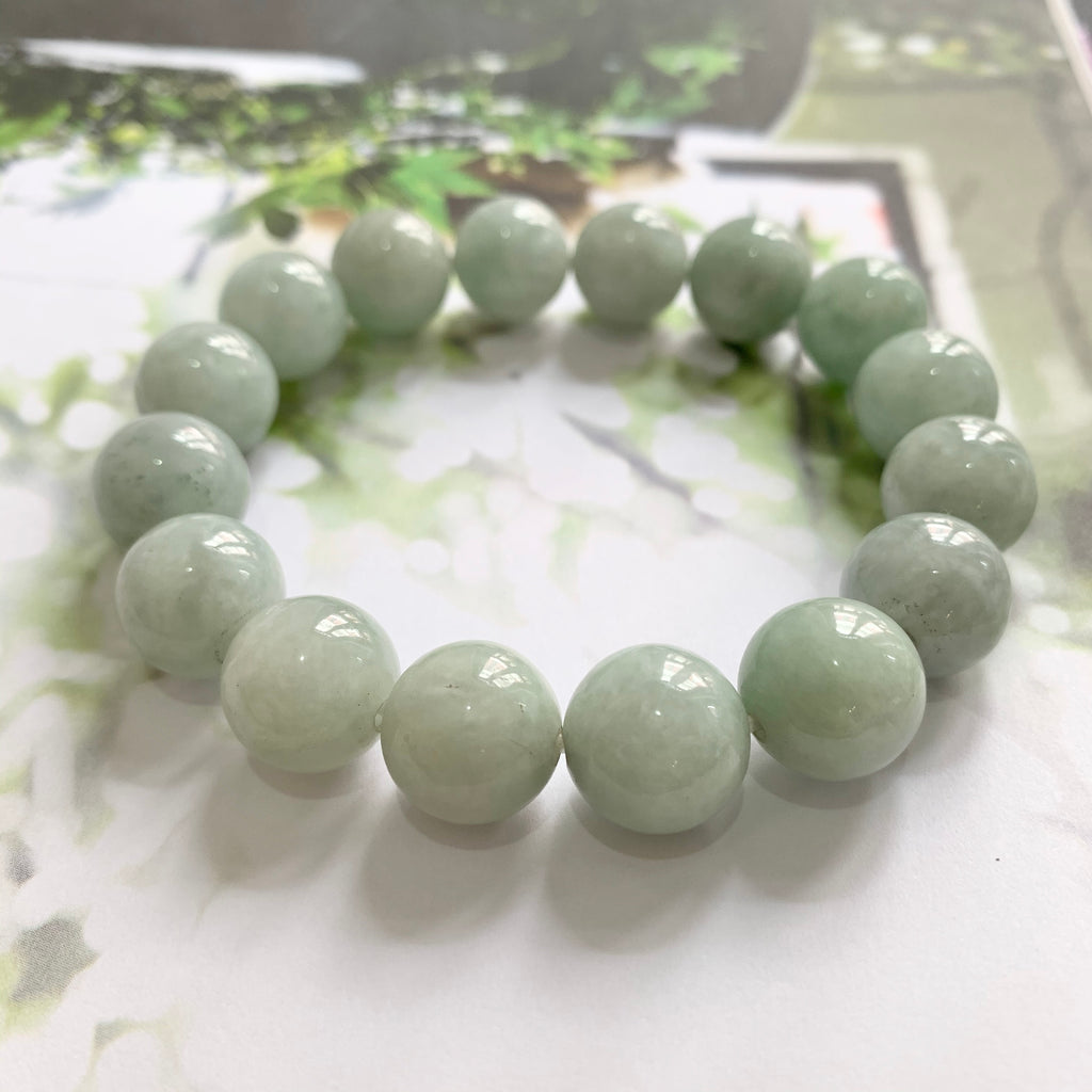 13.3mm A-Grade Natural Green Jadeite Beaded Bracelet No.190273