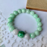 SOLD OUT: 10.2mm A-Grade Natural Green & Lilac Jadeite Beaded Bracelet with Floral Imperial Green Barrel No.190184