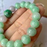 SOLD OUT: 10.2mm A-Grade Natural Green & Lilac Jadeite Beaded Bracelet with Floral Imperial Green Barrel No.190184