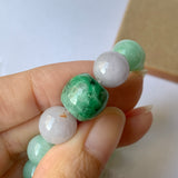 SOLD OUT: 10.2mm A-Grade Natural Green & Lilac Jadeite Beaded Bracelet with Floral Imperial Green Barrel No.190184