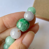 SOLD OUT: 10.2mm A-Grade Natural Green & Lilac Jadeite Beaded Bracelet with Floral Imperial Green Barrel No.190184