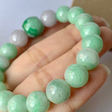 SOLD OUT: 10.2mm A-Grade Natural Green & Lilac Jadeite Beaded Bracelet with Floral Imperial Green Barrel No.190184