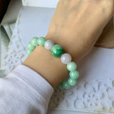 SOLD OUT: 10.2mm A-Grade Natural Green & Lilac Jadeite Beaded Bracelet with Floral Imperial Green Barrel No.190184