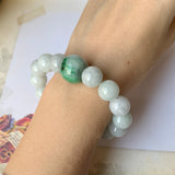 SOLD OUT: 12.1mm A-Grade Natural Faint Green Jadeite Beaded Bracelet with Floral Imperial Green Barrel No.190336