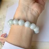 SOLD OUT: 12.1mm A-Grade Natural Faint Green Jadeite Beaded Bracelet with Floral Imperial Green Barrel No.190336