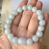 SOLD OUT: 10.3mm A-Grade Natural Faint Green Jadeite Beaded Bracelet with Barrel No.190335