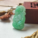 A-Grade Natural Green Jadeite Carving Of Bat & Ruyi Pendant No.220137