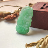 A-Grade Natural Green Jadeite Carving Of Bat & Ruyi Pendant No.220137