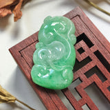 A-Grade Natural Green Jadeite Carving Of Bat & Ruyi Pendant No.220137