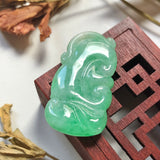 A-Grade Natural Green Jadeite Carving Of Bat & Ruyi Pendant No.220137