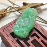 A-Grade Natural Green Jadeite Carving Of Bat & Ruyi Pendant No.220137