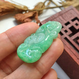 A-Grade Natural Green Jadeite Carving Of Bat & Ruyi Pendant No.220137