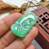 A-Grade Natural Green Jadeite Carving Of Bat & Ruyi Pendant No.220137