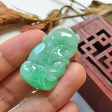 A-Grade Natural Green Jadeite Carving Of Bat & Ruyi Pendant No.220137