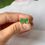 Icy A-Grade Natural Imperial Green Jadeite Leaf Stud Earring No.180649