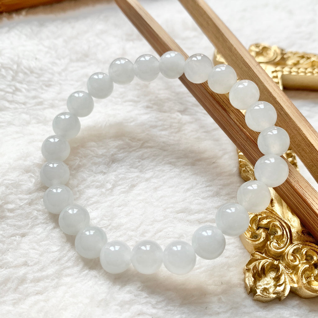 8.4mm A-Grade Natural White Jadeite Beaded Bracelet No.190211