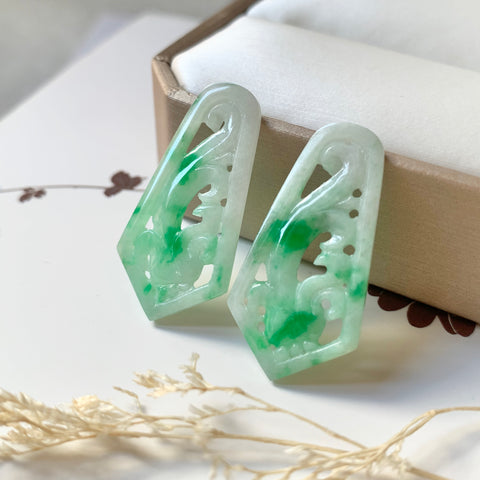 A-Grade Natural Moss On Snow With Carving Jadeite Earring Pair No.180195