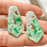 A-Grade Natural Moss On Snow With Carving Jadeite Earring Pair No.180195