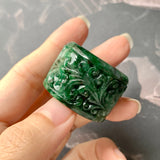 22.3mm A-Grade Natural Floral Imperial Green Jadeite Forest Foliage Archer Ring Band No.162273