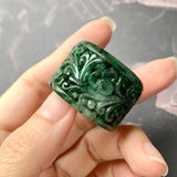 22.3mm A-Grade Natural Floral Imperial Green Jadeite Forest Foliage Archer Ring Band No.162273