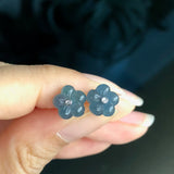 Icy A-Grade Natural Blue Jadeite Hibiscus Earring Stud (18k White Gold and Diamonds) No.180097