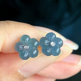 Icy A-Grade Natural Blue Jadeite Hibiscus Earring Stud (18k White Gold and Diamonds) No.180097