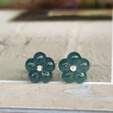 Icy A-Grade Natural Blue Jadeite Hibiscus Earring Stud (18k White Gold and Diamonds) No.180097