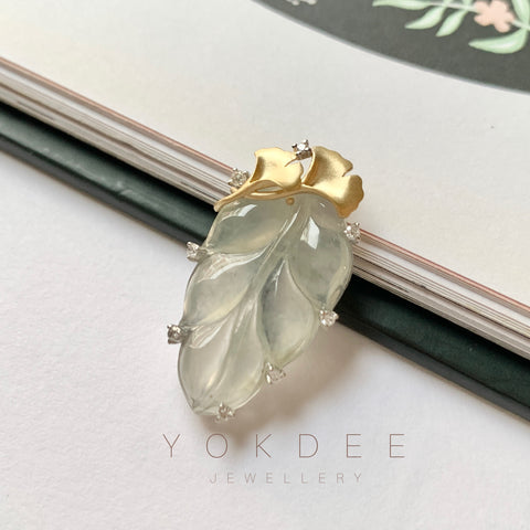 Icy A-Grade Jadeite Leaf Pendant (Golden Ginkgo) No.171939