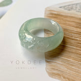 17mm A-Grade Natural Jadeite Joseon Ring Band With Sakura Flowers Carving No.162289