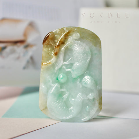 A-Grade Natural Tri-Colour Jadeite Pendant with Carvings (Carp and Lotus Leaf) No.220186